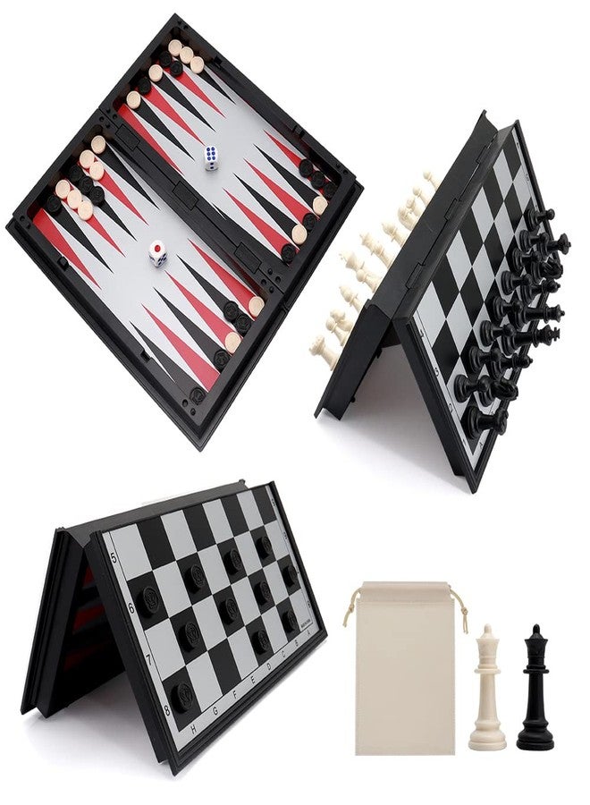 KAILE 10" Magnetic Chess Sets - 3 in 1 Travel Chess Checkers Backgammon Set with Folding Case - Portable Elastic Bag - Image 2